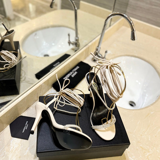 SL PEARL HIGH HEEL SANDALS CREAM CALFSKIN