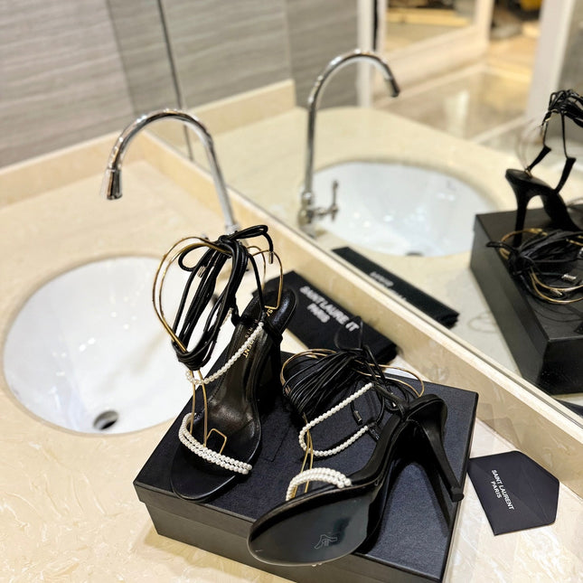 SL PEARL HIGH HEEL SANDALS BLACK CALFSKIN