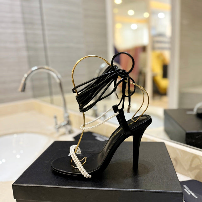 SL PEARL HIGH HEEL SANDALS BLACK CALFSKIN