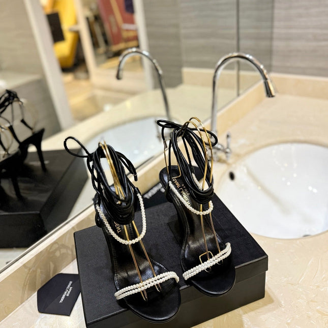 SL PEARL HIGH HEEL SANDALS BLACK CALFSKIN