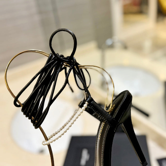 SL PEARL HIGH HEEL SANDALS BLACK CALFSKIN