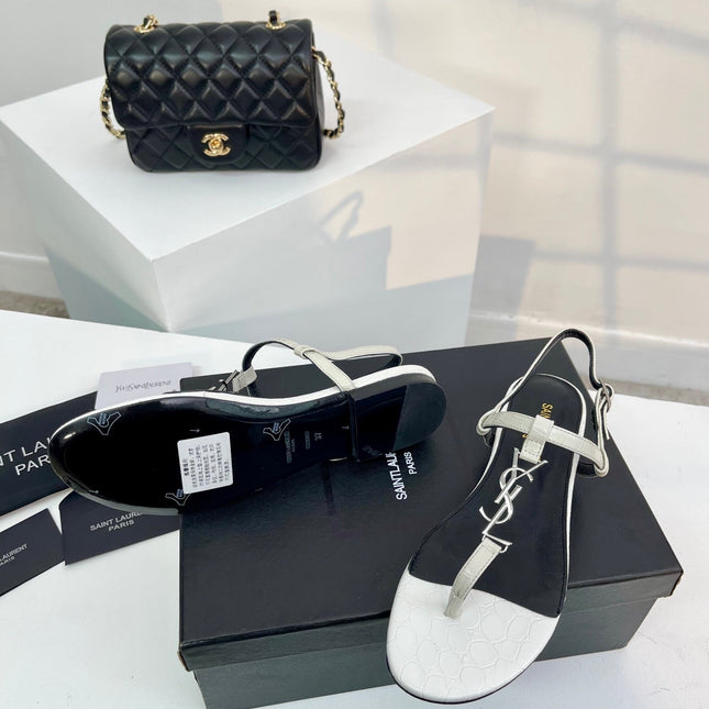 SL Cassandra Croc-Embossed Thong Sandals Black White Leather