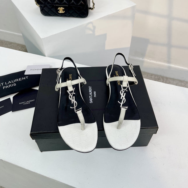 SL Cassandra Croc-Embossed Thong Sandals Black White Leather