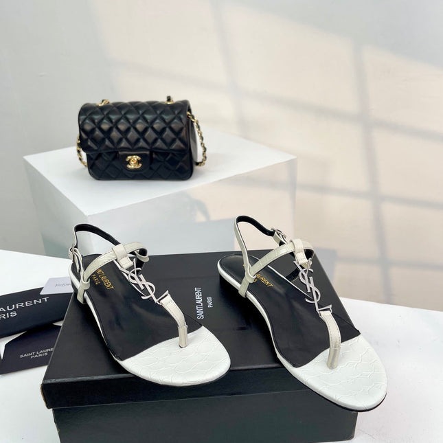 SL Cassandra Croc-Embossed Thong Sandals Black White Leather