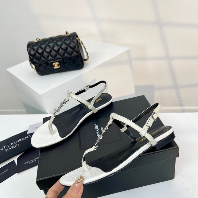 SL Cassandra Croc-Embossed Thong Sandals Black White Leather