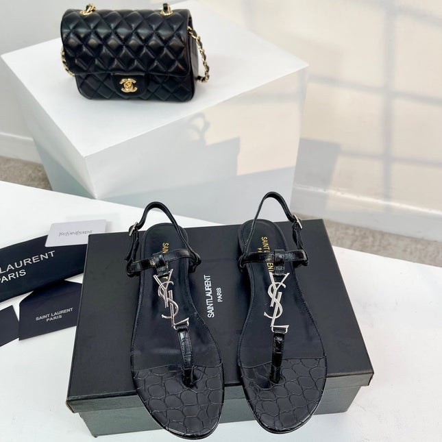 SL Cassandra Croc-Embossed Thong Sandals Black Leather