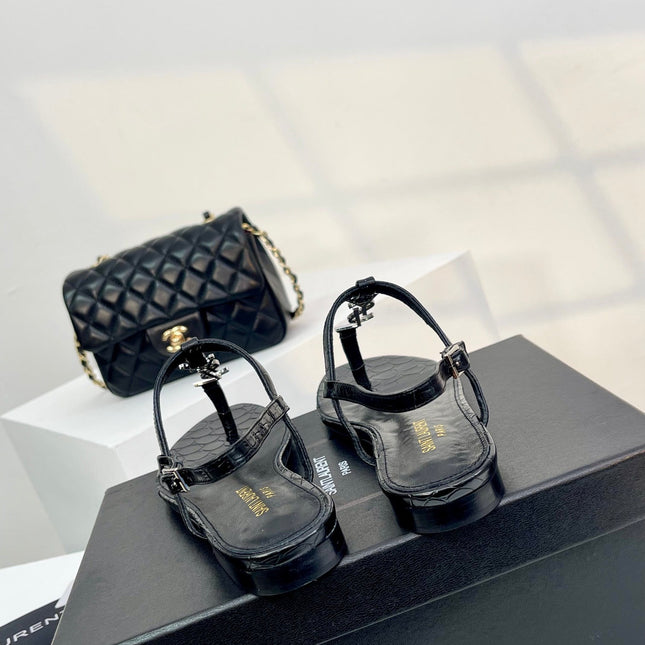 SL Cassandra Croc-Embossed Thong Sandals Black Leather