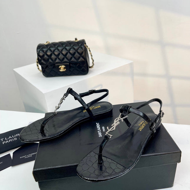 SL Cassandra Croc-Embossed Thong Sandals Black Leather