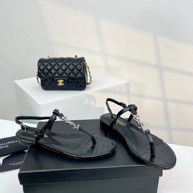 SL Cassandra Croc-Embossed Thong Sandals Black Leather