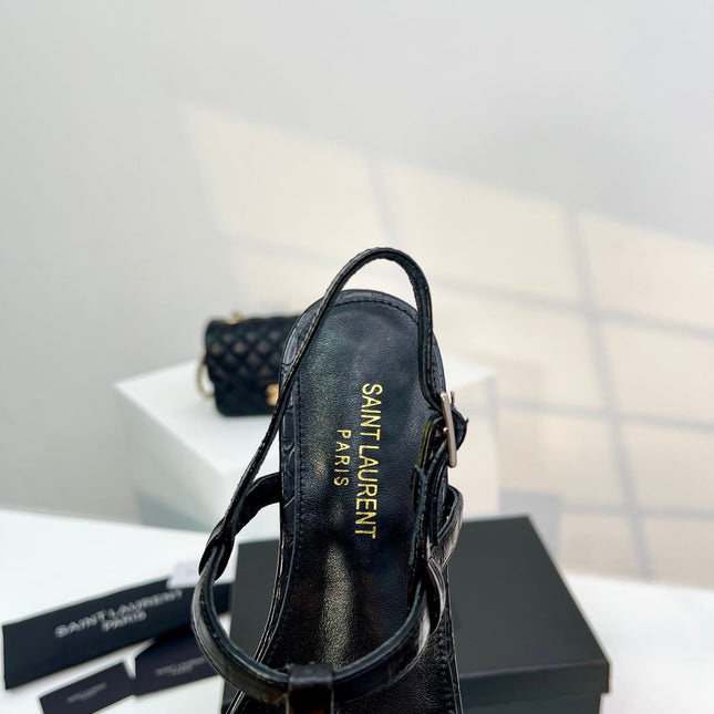 SL Cassandra Croc-Embossed Thong Sandals Black Leather