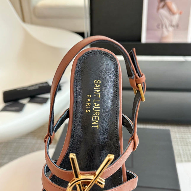 Yves SL Buckle Women Sandals Black Tan Leather