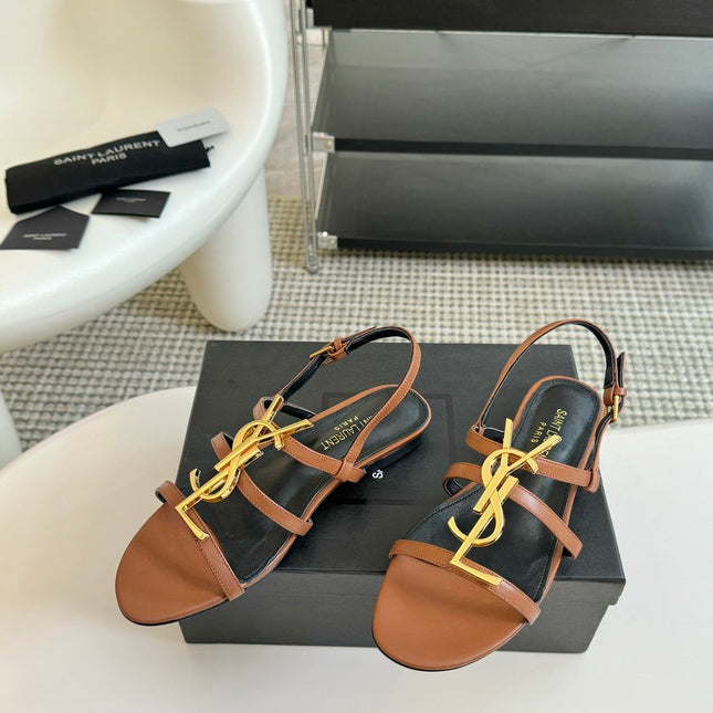 Yves SL Buckle Women Sandals Black Tan Leather