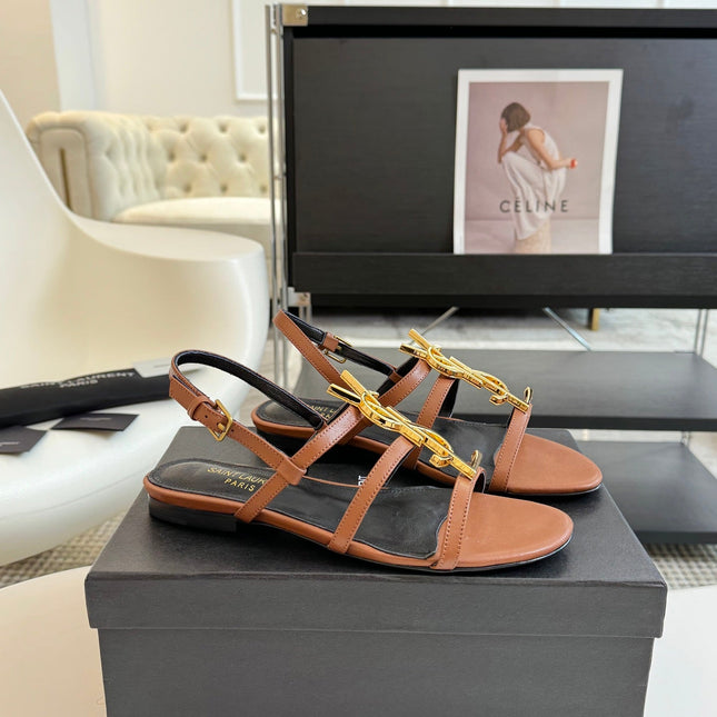 Yves SL Buckle Women Sandals Black Tan Leather