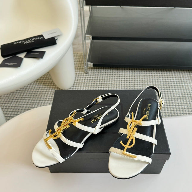 Yves SL Buckle Women Sandals Black White Leather