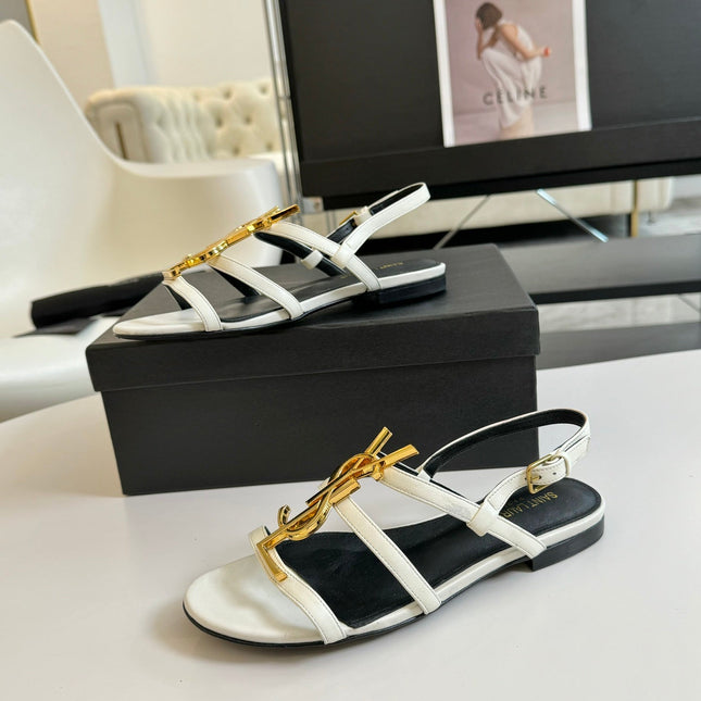 Yves SL Buckle Women Sandals Black White Leather