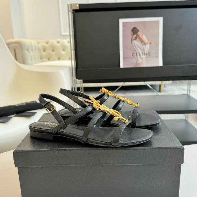 Yves SL Buckle Women Sandals Black Leather