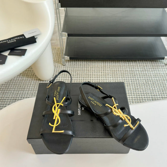 Yves SL Buckle Women Sandals Black Leather