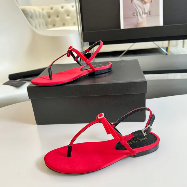 SL CRYSTAL T-STRAP FLAT SANDAL RED SATIN
