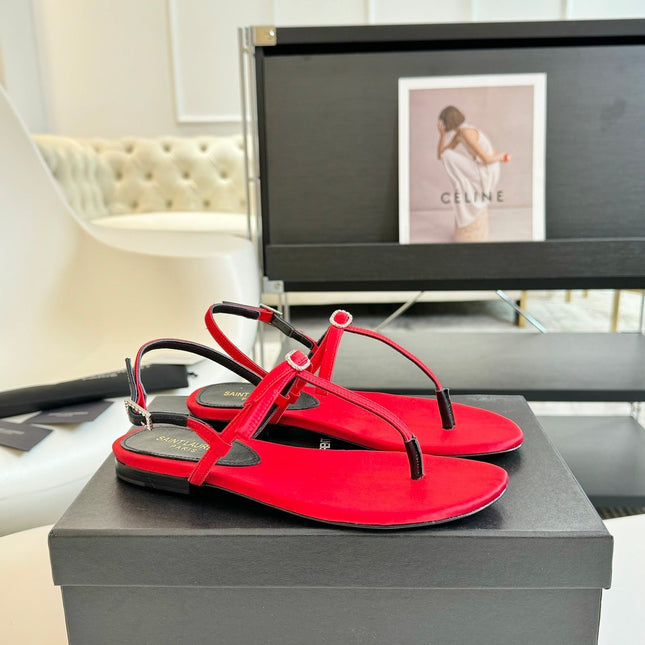 SL CRYSTAL T-STRAP FLAT SANDAL RED SATIN