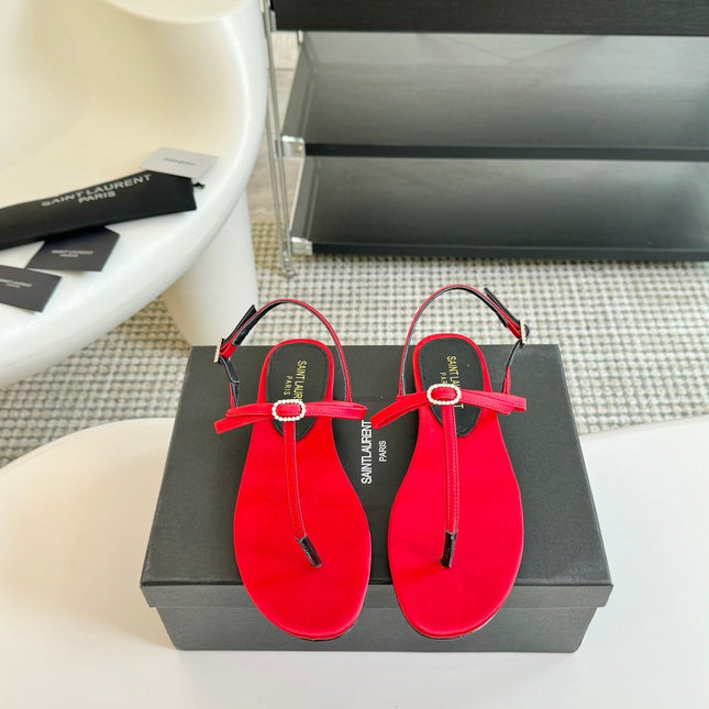 SL CRYSTAL T-STRAP FLAT SANDAL RED SATIN