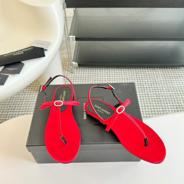 SL CRYSTAL T-STRAP FLAT SANDAL RED SATIN