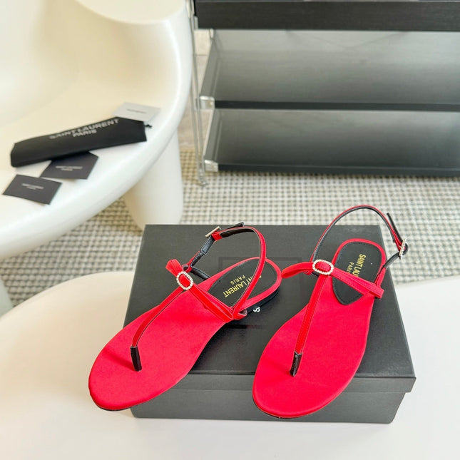 SL Silk Bow T-Strap Flat Sandals Red Leather