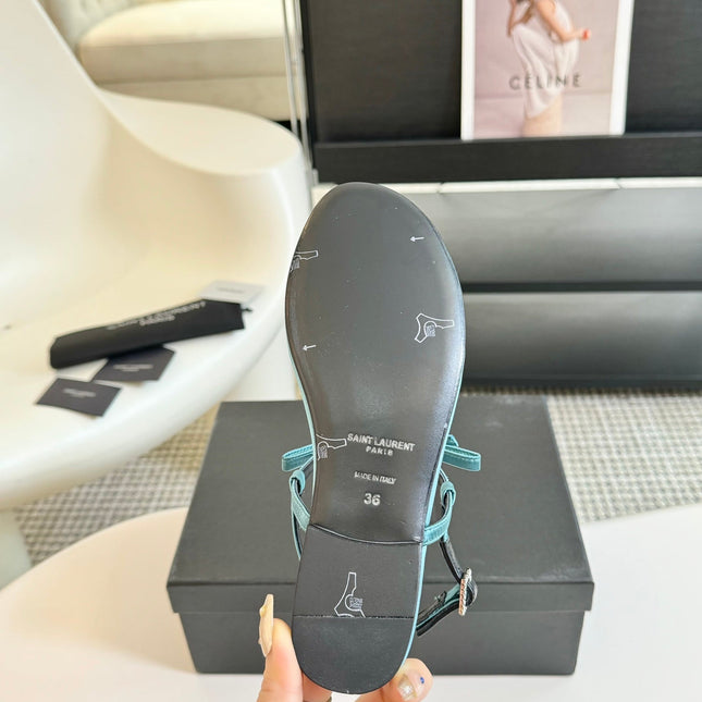 SL CRYSTAL T-STRAP FLAT SANDAL SAPPHIRE SATIN