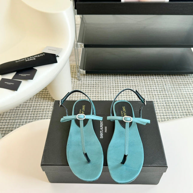 SL CRYSTAL T-STRAP FLAT SANDAL SAPPHIRE SATIN