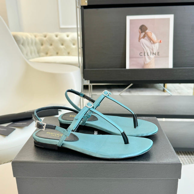 SL Silk Bow T-Strap Flat Sandals Cloud Blue Leather