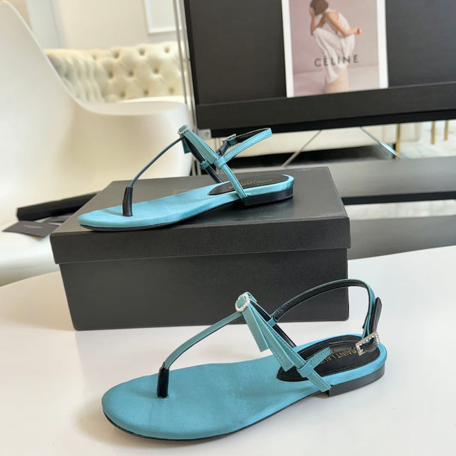 SL Silk Bow T-Strap Flat Sandals Cloud Blue Leather