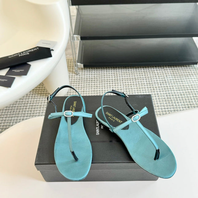 SL Silk Bow T-Strap Flat Sandals Cloud Blue Leather