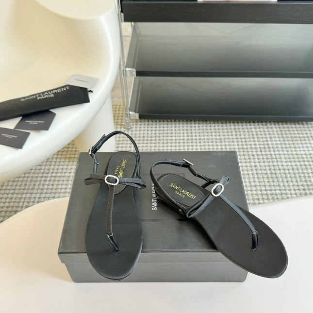 SL Silk Bow T-Strap Flat Sandals Black Leather