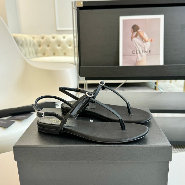 SL Silk Bow T-Strap Flat Sandals Black Leather