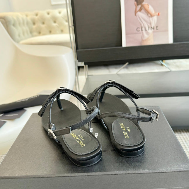 SL Silk Bow T-Strap Flat Sandals Black Leather