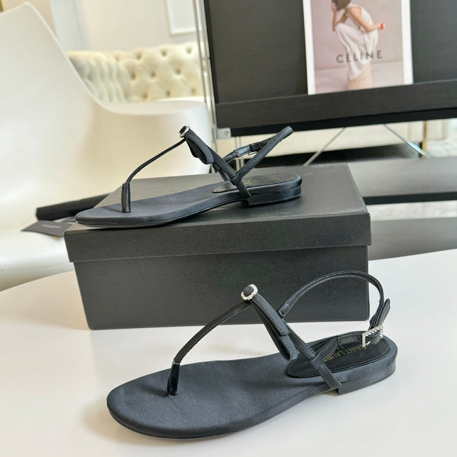 SL Silk Bow T-Strap Flat Sandals Black Leather