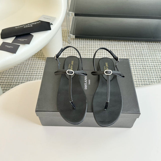 SL Silk Bow T-Strap Flat Sandals Black Leather