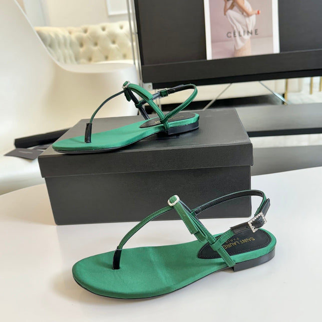 SL Silk Bow T-Strap Flat Sandals Green Leather