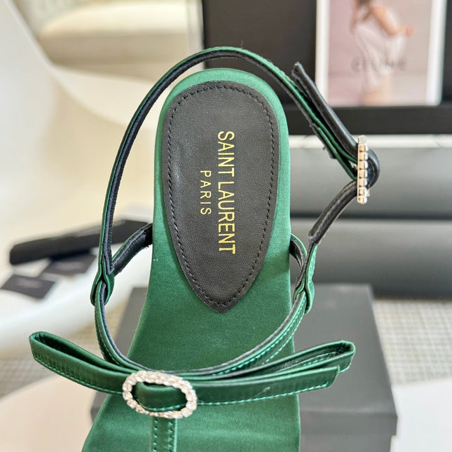 SL Silk Bow T-Strap Flat Sandals Green Leather