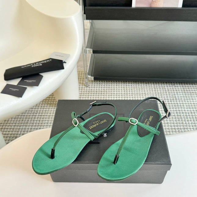 SL Silk Bow T-Strap Flat Sandals Green Leather