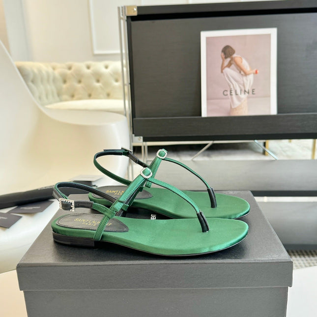 SL CRYSTAL T-STRAP FLAT SANDAL DARK GREEN SATIN