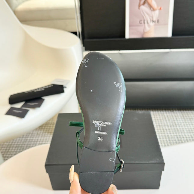 SL Silk Bow T-Strap Flat Sandals Green Leather