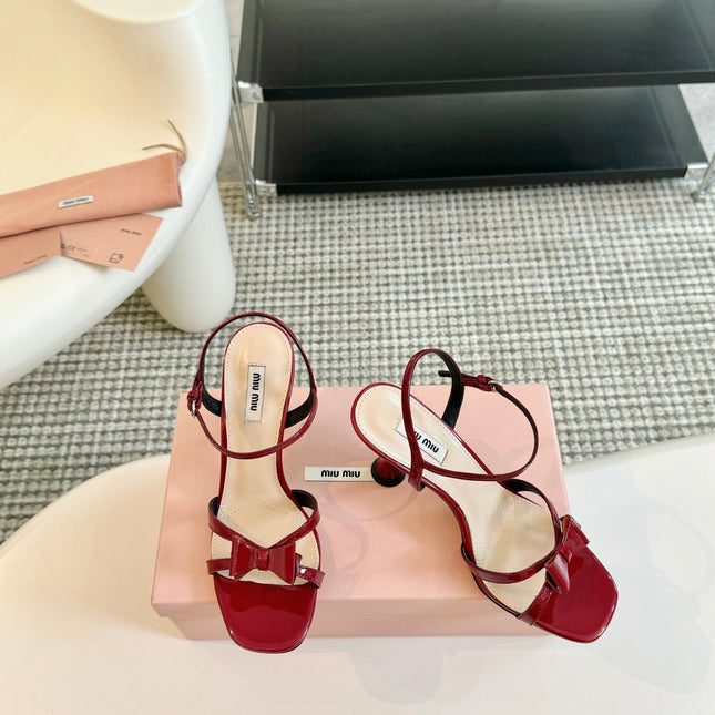 High Heels With Bows Crimson Color Glossy Leather