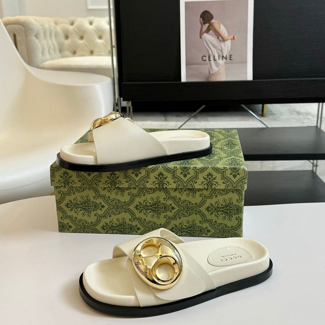 WOMEN'S SLIPPER IN WHITE CALFSKIN WITH GOLD HARDWARE