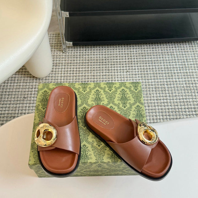 WOMEN'S SLIPPER IN BRONZE BROWN CALFSKIN WITH GOLD HARDWARE