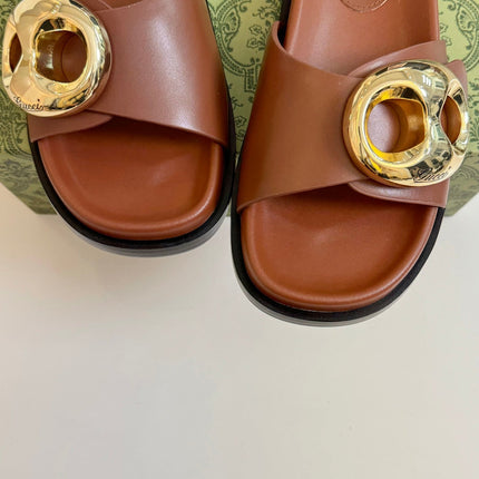 WOMEN'S SLIPPER IN BRONZE BROWN CALFSKIN WITH GOLD HARDWARE