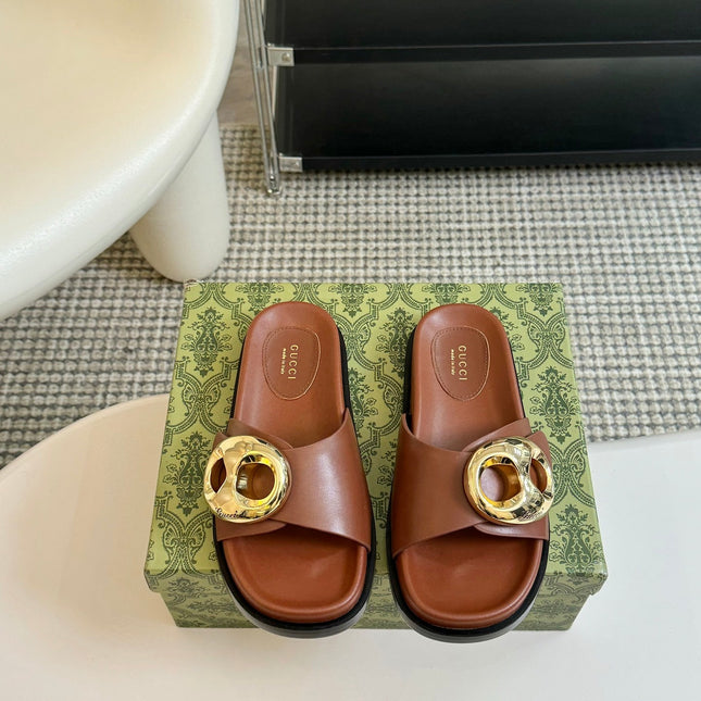WOMEN'S SLIPPER IN BRONZE BROWN CALFSKIN WITH GOLD HARDWARE