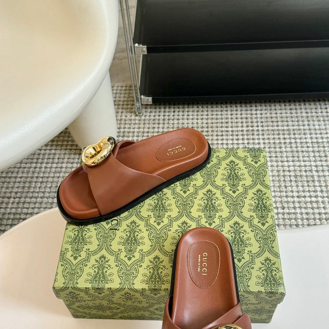 WOMEN'S SLIPPER IN BRONZE BROWN CALFSKIN WITH GOLD HARDWARE