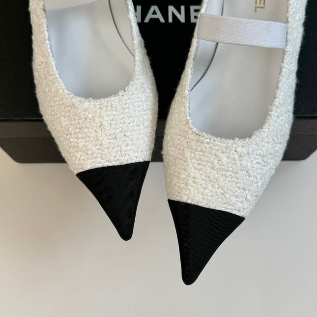 CC MARY JANE IN WHITE TWEED AND BLACK SATIN