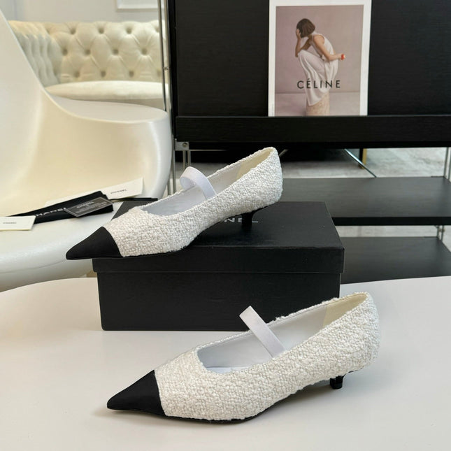 CC MARY JANE IN WHITE TWEED AND BLACK SATIN