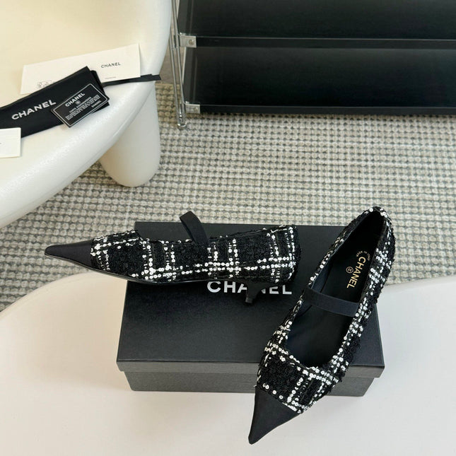 CC MARY JANE IN BLACK MIX WHITE WOOL TWEED